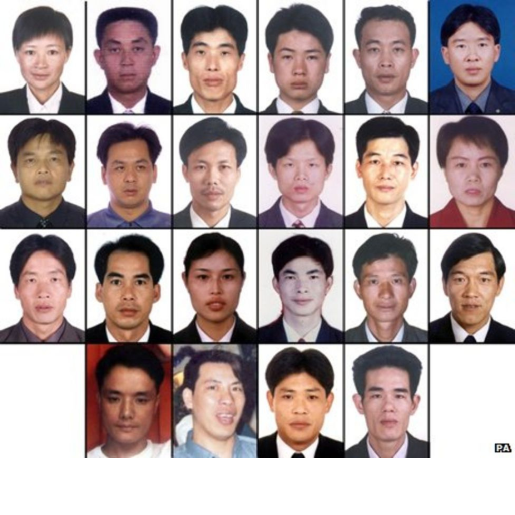 The Morecambe Bay Disaster: 23 Chinese migrants died by drowning whilst working in Lancashire, UK.