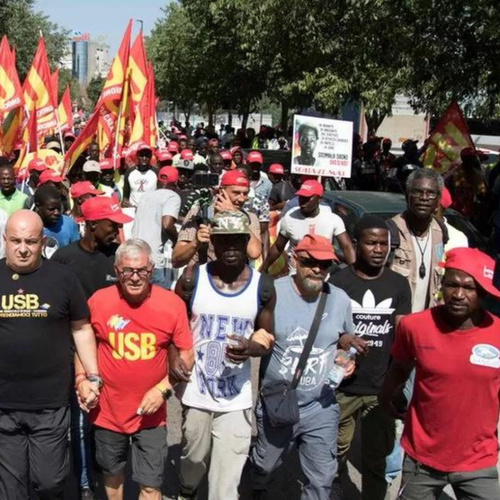 African migrant workers are joined by union members in demonstrations after the death of migrant farm workers in road traffic accidents in and around Foggia, Italy.